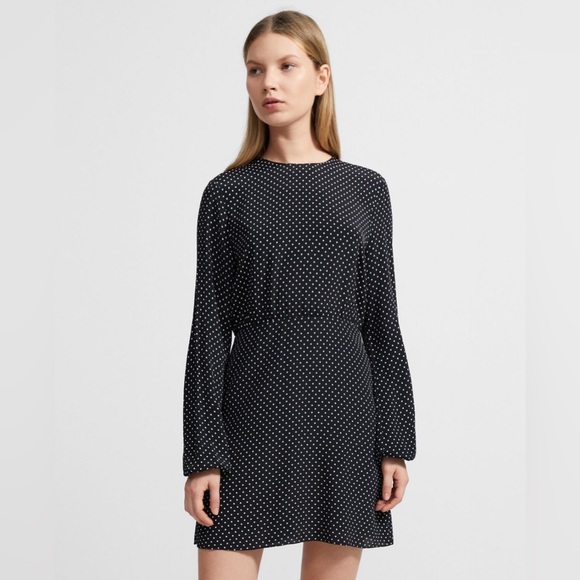 Theory Crepe Crewneck Black and White Polka Dot Long Sleeve Mini Dress Boho 8 - Picture 1 of 14